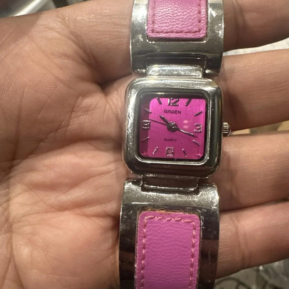 Working Gruen Women's Watch Square Wide Pink Dial & Steel band 24mm Fit‎ 6.5in